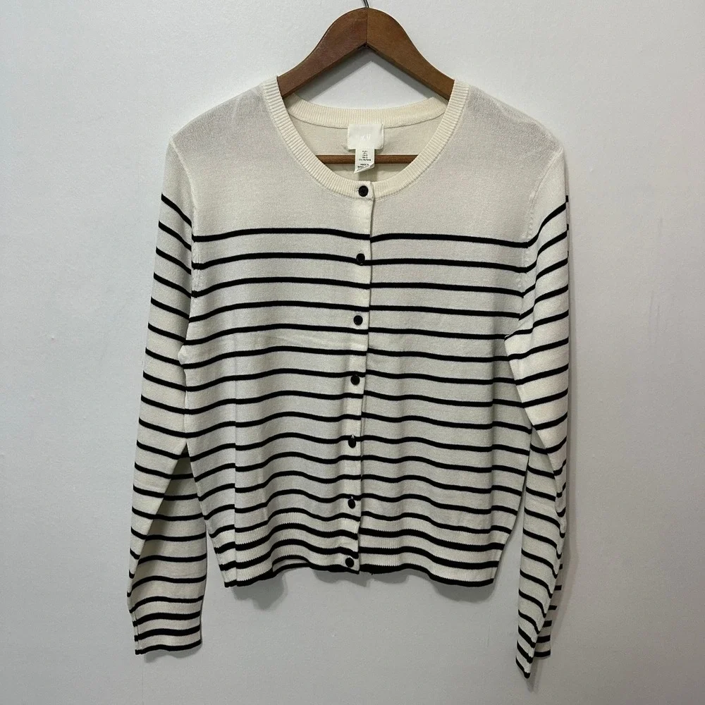H&M Cardigan Sweater Womens Large Cream Black NEW Striped Button Front